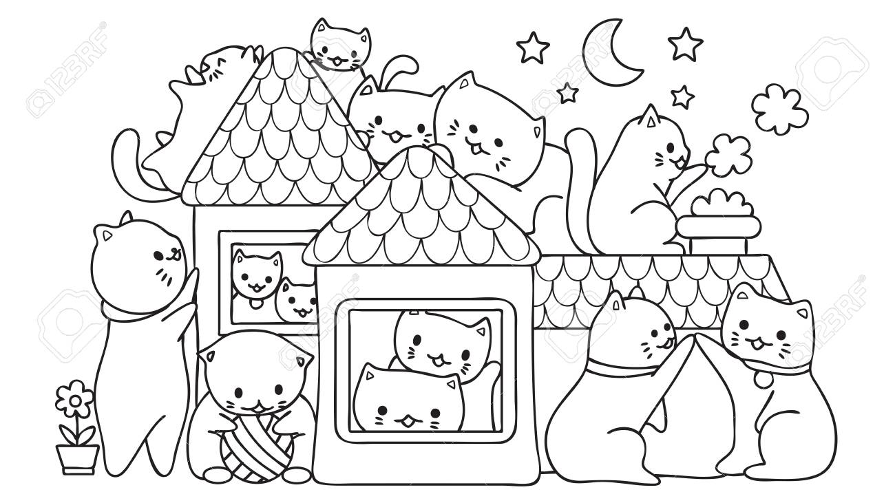 夜に家の中で遊ぶ手描きかわいい猫たち、デザイン要素や塗り絵の